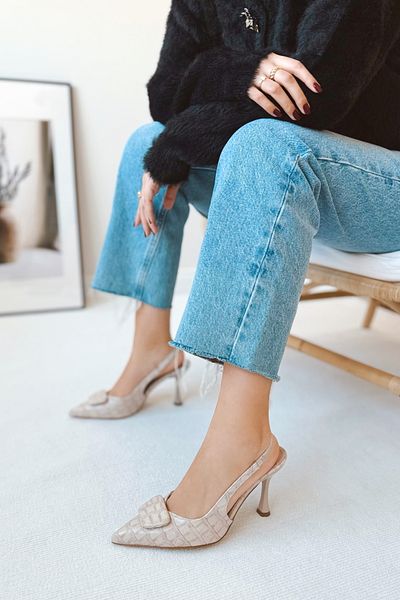 POLKA STORE Whirl Buckle Detailed Pointed Toe Back Open Stiletto Evening Dress Heels Women's Shoes