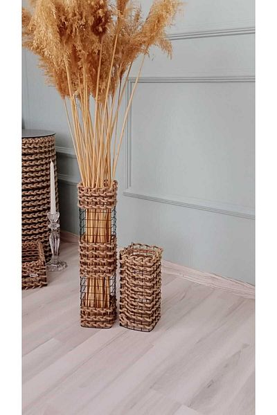 Egindra Bohemian Style Medium Size 50 and 25 cm 2Pcs Vase Straw Braid Vase Pampas Vase Square