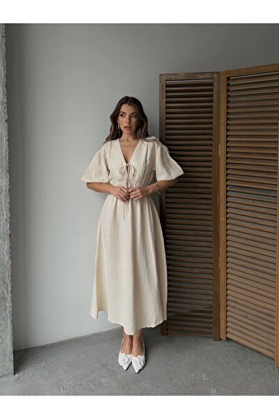 Lusin Kadın V Yaka Bej Müslin Kumaş Kısa Kol Elbise
