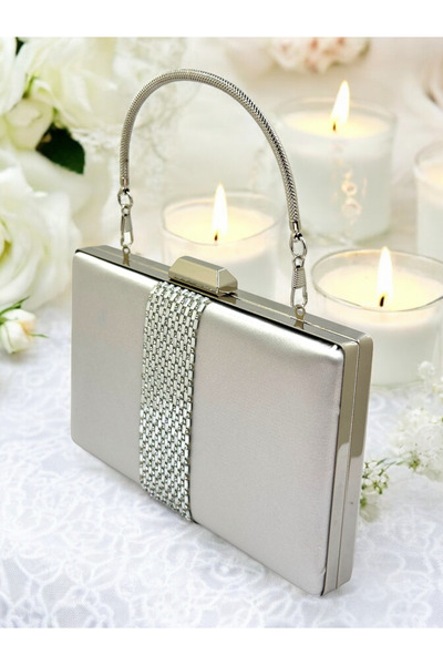 MidStore Geantă de seară elegantă pentru femei din satin argintiu cu pietre, ...