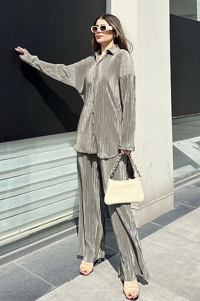 NEW LAVİVA Khaki Color Women's Set - Long Tunic, Shirt, Elastic Waist Trousers, Loose Wrap