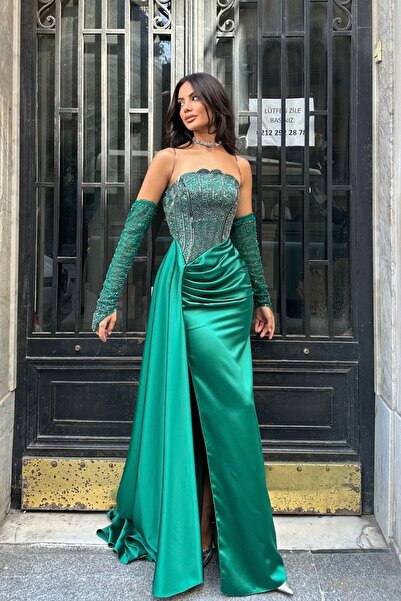 İyem Abiye Kol Ve Üst Detaylı Allerli Saten Şık Tasarım Abiye Elbise Tam Kalıp