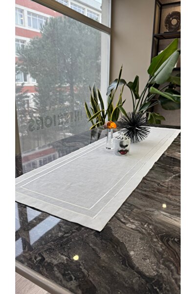 Hubb Interiors Nakışlı Leke Tutmaz Runner Çift Sıra Nakışlı Ekru