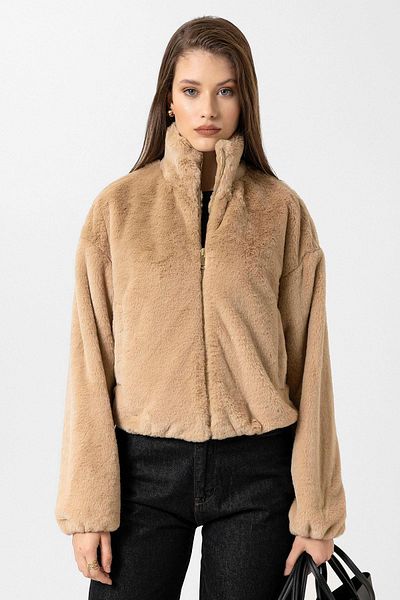 Antioch Beige Women's Faux Fur Coat with Elastic Waist