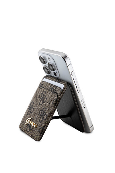 Guess Lisanslı Magnetik Standlı Kartlık 4G Desenli Metal Script Logolu Kahverengi