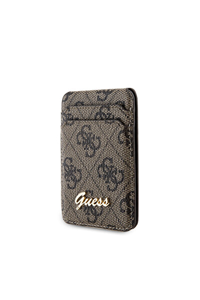 Guess Lisanslı Magnetik Standlı Kartlık 4G Desenli Metal Script Logolu Kahverengi