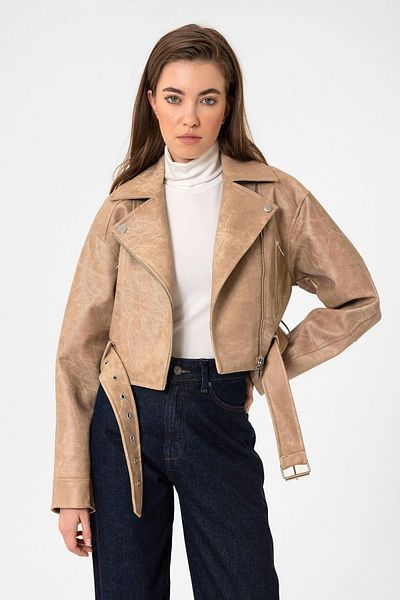 Antioch Beige Women's Faux Leather Crop Biker Jacket Size: S