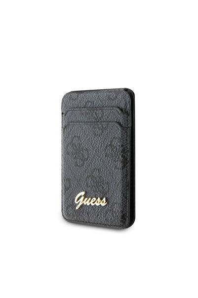 Guess Lisanslı Magnetik Standlı Kartlık 4G Desenli Metal Script Logolu Siyah