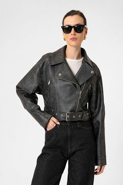 Antioch Black Women's Faux Leather Crop Biker Jacket