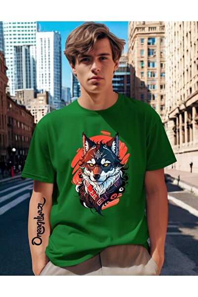 oneagılyazı Мъжка тениска с голям размер с принт на вълк