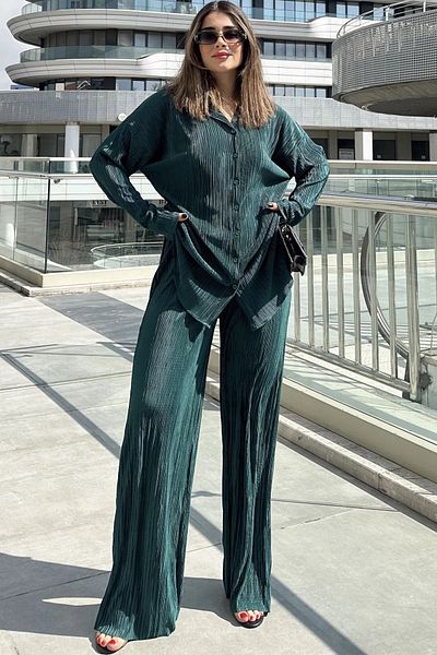 NEW LAVİVA Emerald Green Women's Tunic and Trousers Set - Elastic Waist, Loose Wrap Design