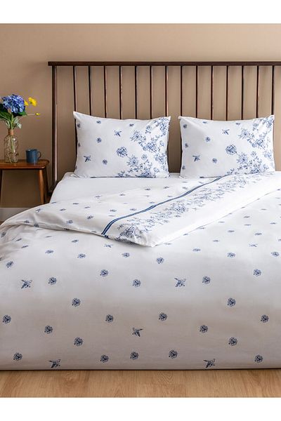 LC Waikiki Set cuvertură dublă cu model de flori albastre 100% bumbac