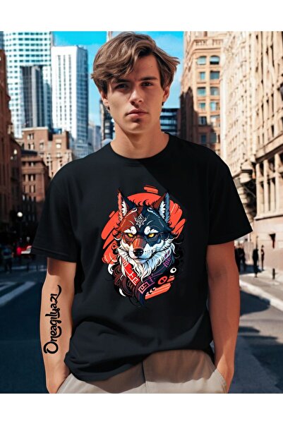 oneagılyazı Мъжка тениска с голям размер с принт на вълк