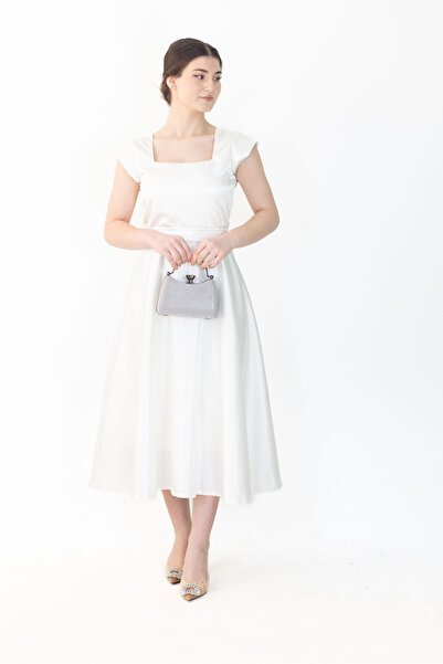 ASLIHANGÜNER فستان نسائي أبيض بياقة مربعة وأكمام قصيرة من الساتان متوسط ​​الط...