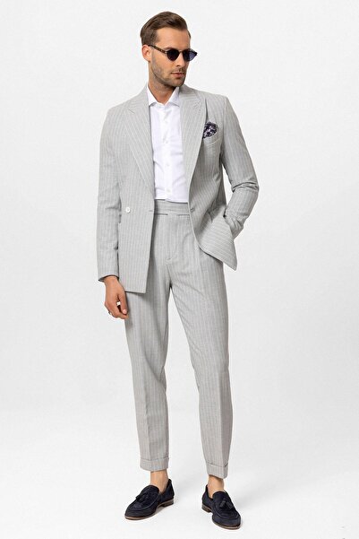Antioch Gri Tek Düğme Kruvaze Kapama Çizgili Erkek Blazer Ceket