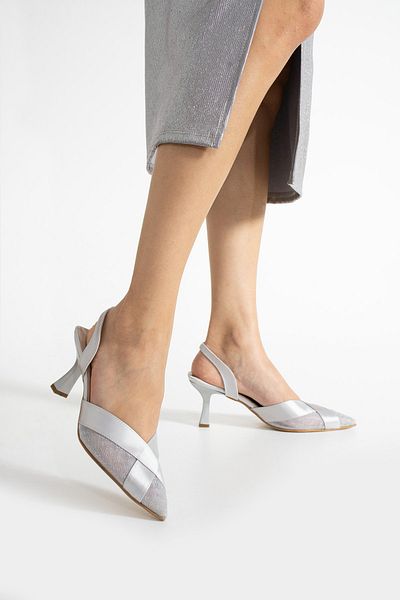 Ayax Silver Silvery Satin Fabric Pointed Fit Women's Evening Dress Heeled Shoes