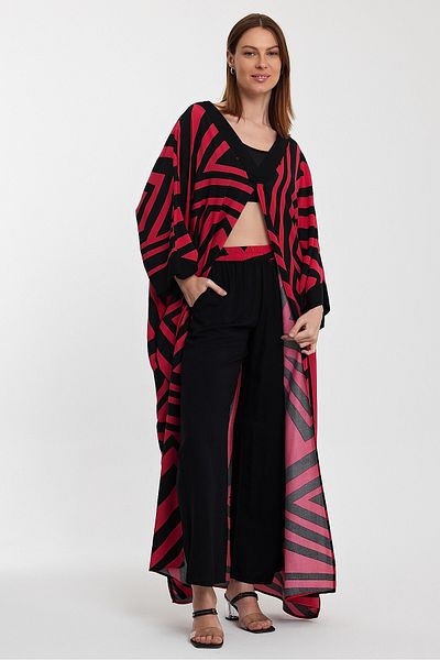 bacc Red Geometric Patterned Women's Pants and Kimono Jacket Set - BCVL-241015