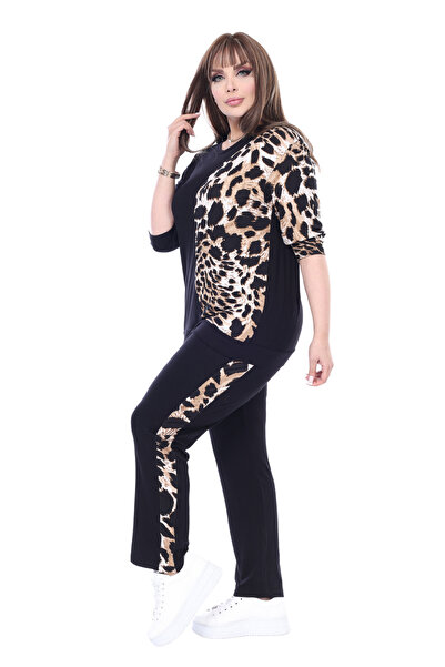 MELSAY Γυναικείο Σετ Μαύρο Τριών τετάρτων μανίκι Half Tiger Garnished Viscose Plus Size