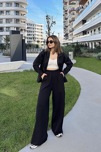 NEW LAVİVA Kadın Siyah Beli Lastikli, Cepli, Bol Paça, Salaş Pantolon