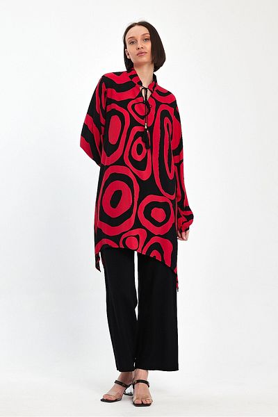 bacc Red Geometric Print Plus Size Casual Pants and Tunic Set - Bcvl- 241017