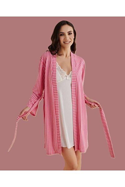 Loule Set cămașă de noapte și rochie pentru femei cu dungi roz - alb D1.01.LL.02.004