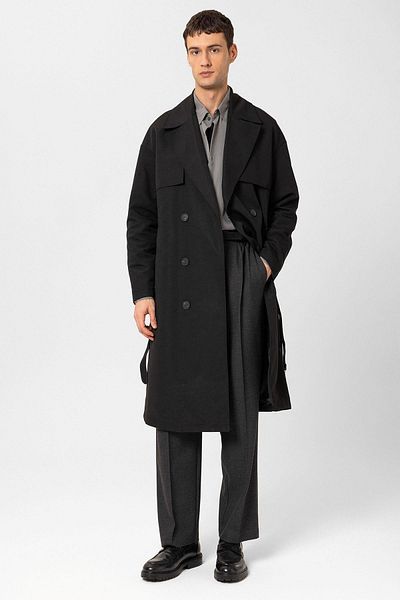Antioch Black Double Breasted Closure Belt Trench Coat