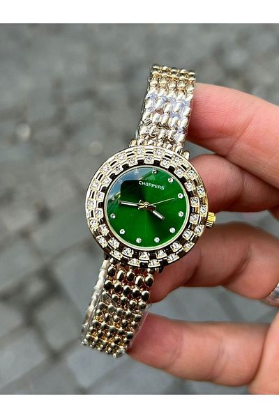 Choppers Elegant Gold Color Green Dial Embroidered Shiny Zircon Stone Special Occasions Stylish Steel Women's Wristwatch