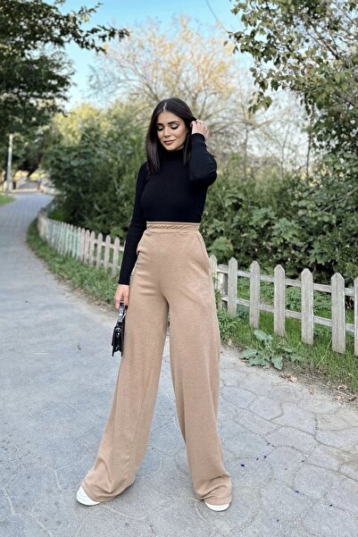 NEW LAVİVA Γυναικεία ελαστική μέση Camel, πλεκτό ύφασμα με τσέπες, φαρδιά πόδια, φαρδύ παντελόνι