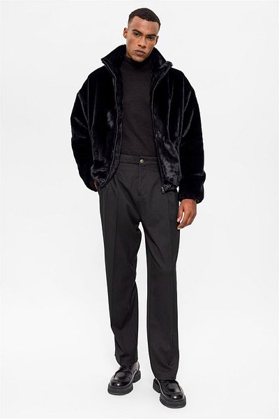 Antioch Black Men's Stand Collar Faux Fur Coat