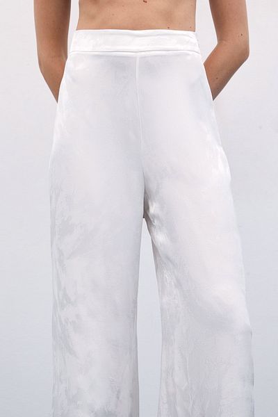 Sateen Ecru Jacquard Wide Leg Trousers