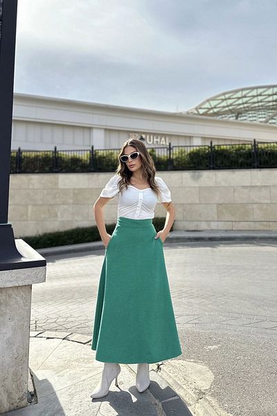 NEW LAVİVA Γυναικεία πράσινη ψηλόμεση, τσέπη, μακριά, ύφασμα με ραβδώσεις, μάξι φούστα (στενή εφαρμογή)
