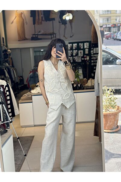 İstanbul Front Embroidered Lined Linen Vest-Cream - L