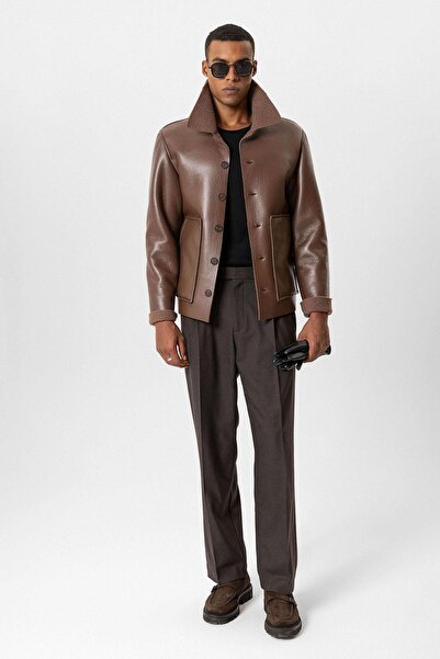 Antioch Brown Lining Detailed Faux Leather Men's Coat