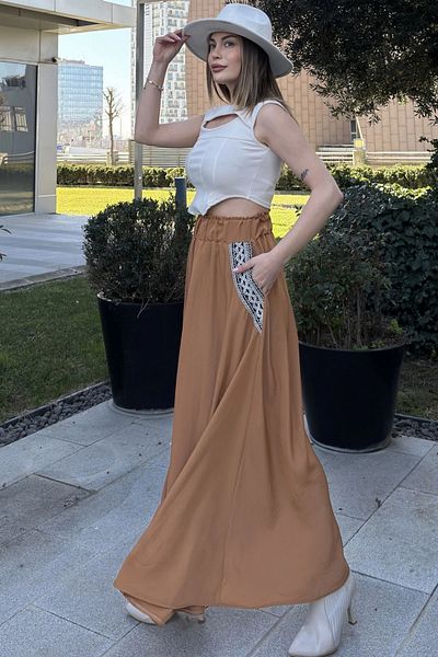 NEW LAVİVA Γυναικεία μαύρισμα ελαστική μέση, ψάθινα κεντημένα τσέπες, άνετη εφαρμογή, μακριά κιλό φούστα