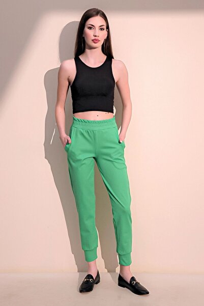 NEW LAVİVA Women's Green Comfortable Textured Fabric Pocket Elastic Waist Leg Jogger Sports Trousers