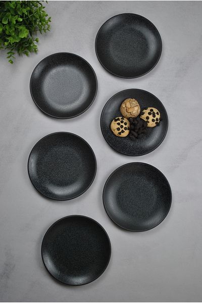 Qualitev 6 Pcs Black Porcelain Mini Cake Plates - 17 cm Dessert Plates Set