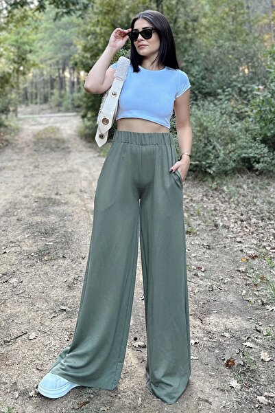 NEW LAVİVA Khaki Elastic High Waist, Pockets, Wide Leg, Loose Trousers