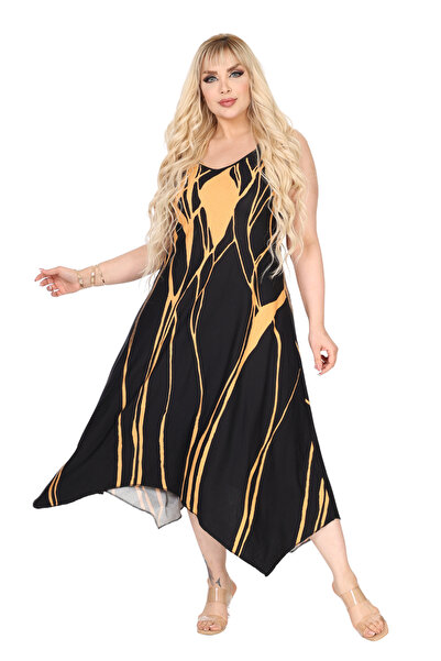 MELSAY Women's Strap V Neck Yellow Lava Pattern Plus Size Dress