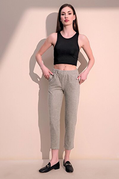 Juuuj Γυναικείο μπεζ ελαστικό στη μέση με μαλακή υφή casual παντελόνι με τσέπες - ίσια κοπή και φορέστε