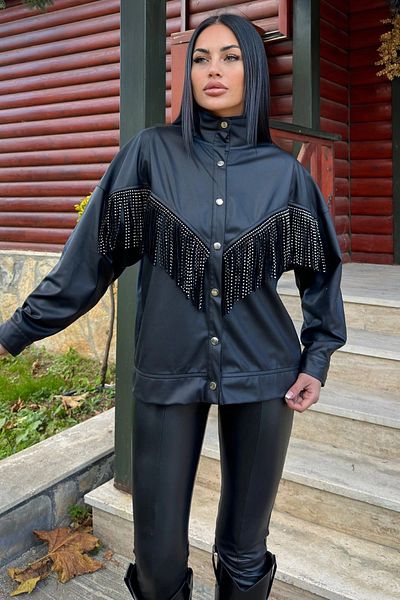 NEW LAVİVA Черно голямо яке с пискюли с кожен вид
