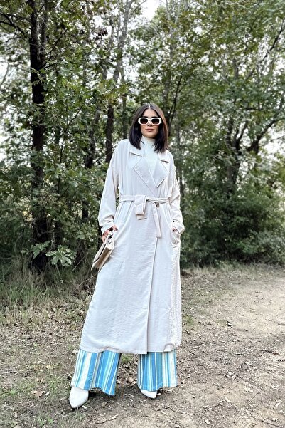 Juuuj Women's Beige Double Breasted Collar, Belt, Pocket, Loose Cut Long Trench Coat