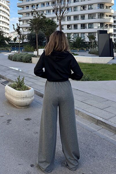 NEW LAVİVA Women's Anthracite Elastic Waist, Pocket, Wide Leg, Loose Trousers