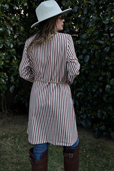 Juuuj Cărămidă și ecru cu dungi pentru femei, curea din frânghie de paie, două buzunare, jachetă lungă de in