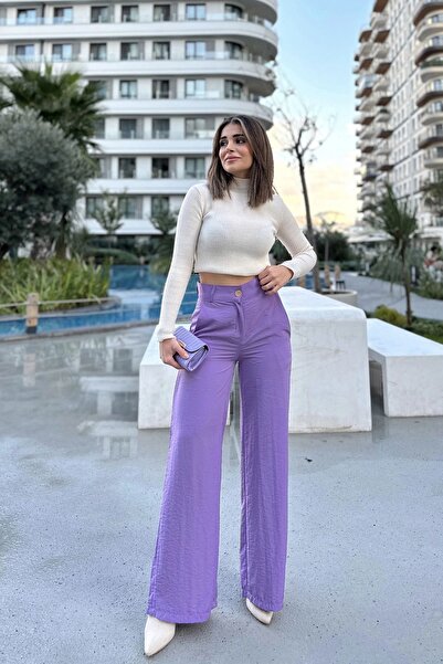 Juuuj Kadın Lila Yüksek Bel, Cepli, Bol Paça Pantolon