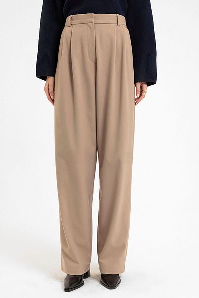 Antioch Beige Women's High Waist Collet Detailed Straight Fit Trousers