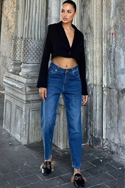 Juuuj Blugi Mom Jean cu talie înaltă albastră