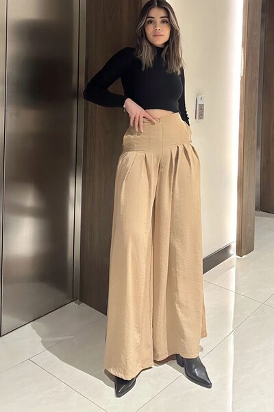 Juuuj Γυναικείο μπεζ παντελόνι με φερμουάρ, τσέπες, πλισέ φαρδύ παντελόνι με ...