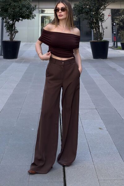 Genel Markalar Kadın Kahve Yüksek Bel, Cepli, Bol Paça Pantolon