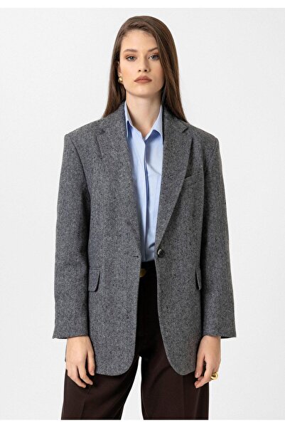 Antioch Siyah Kadın Relax Fit Balıksırtı Desenli Blazer Ceket