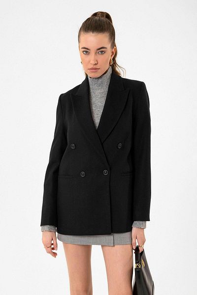 Antioch Black Women's Wool Blend Herringbone Patterned Blazer Jacket Size: S